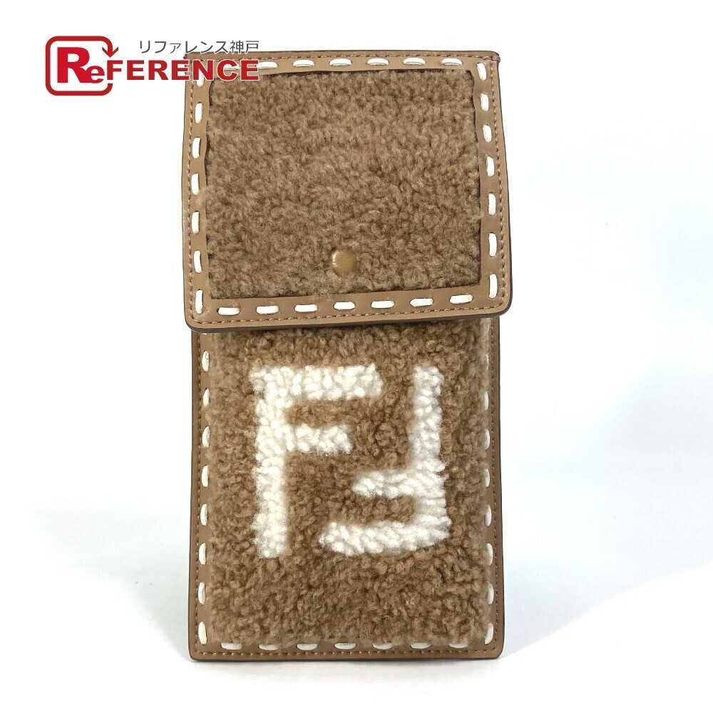 FENDI Smartphone Crossbody Case Wallet Phone Pouch Bag FF Logo Fur Leather Beige